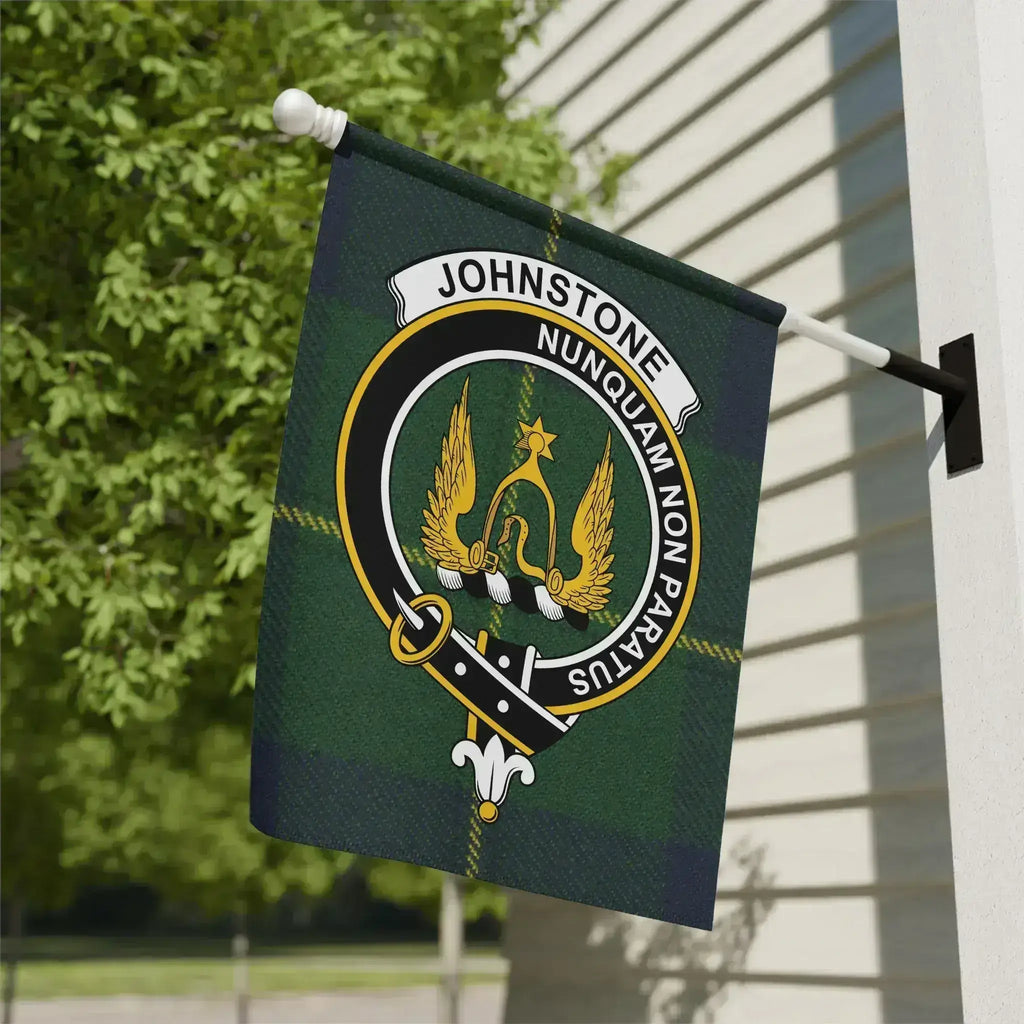 Johnstone clan crest tartan garden flag 12x18 inches — poly poplin-canvas with Nunquam Non Paratus design