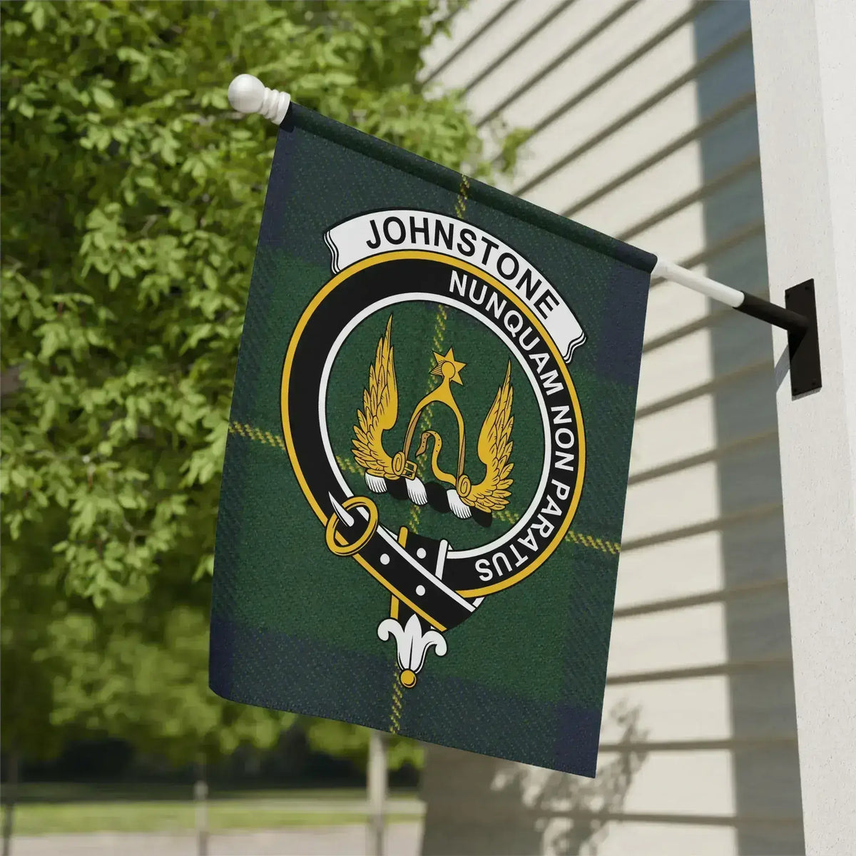 Johnstone clan crest tartan garden flag 12x18 inches — poly poplin-canvas with Nunquam Non Paratus design