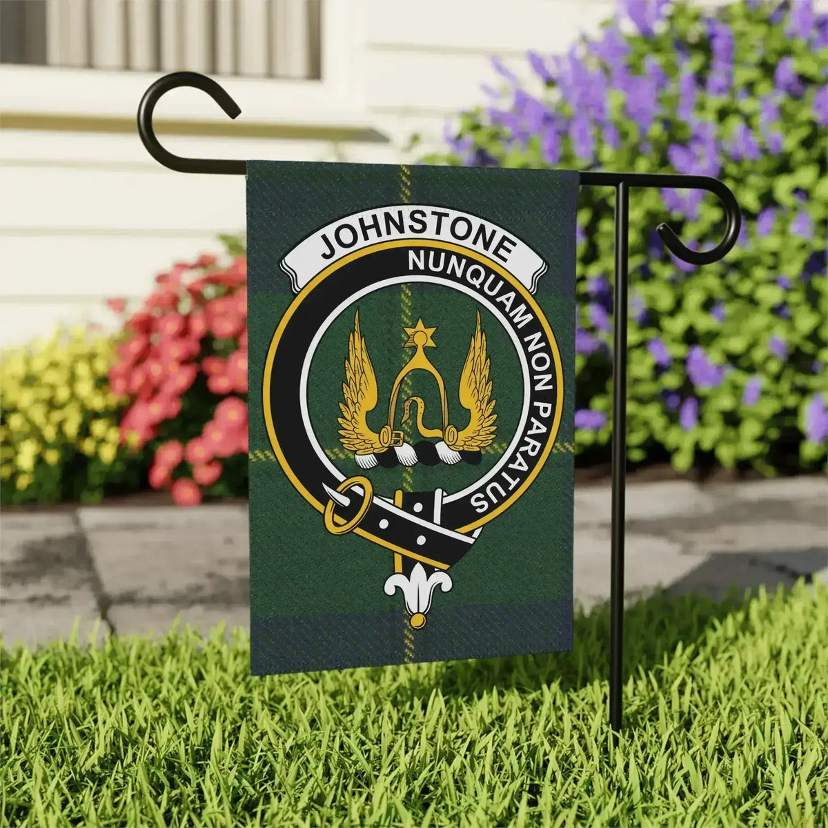 Johnstone Nunquam Non Paratus garden flag 24x32 inches — clan crest on larger outdoor size