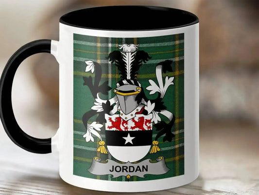 Jordan Surname Family Crest on Irish National Tartan Mug - Celtic Ancestry Gifts