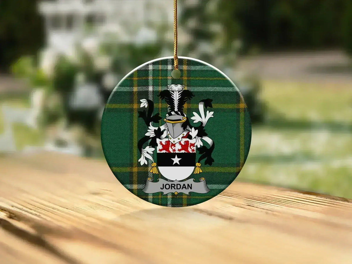 Jordan Irish surname tartan ornament with crest-style emblem