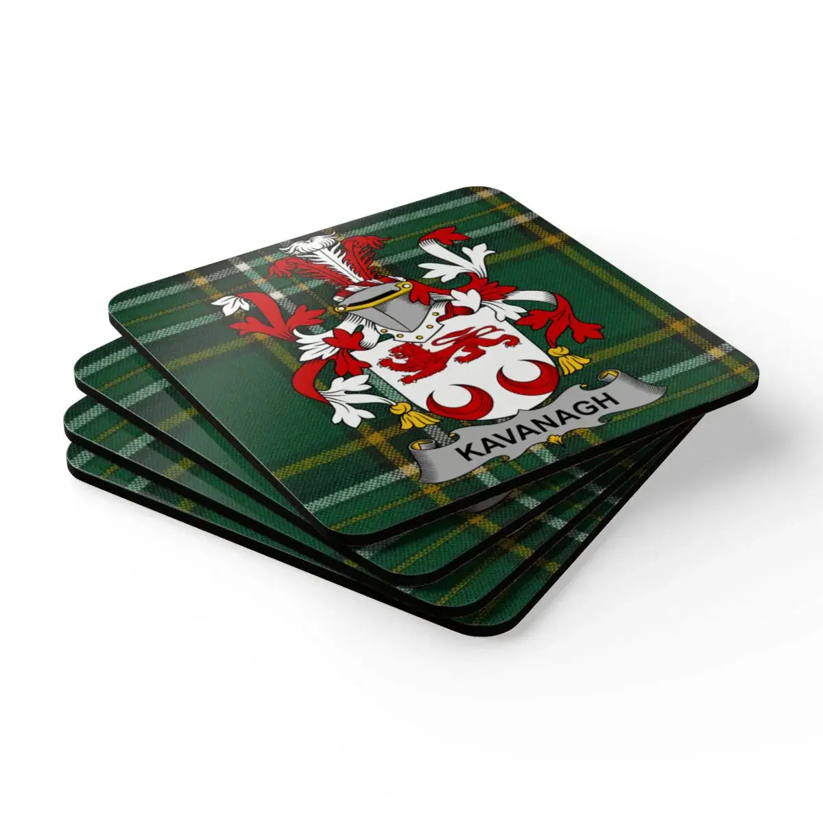 Kavanagh Family Coat of Arms on Green Plaid Coasters product type
