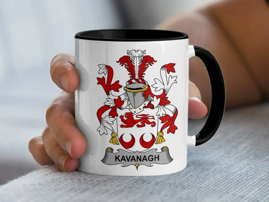 White ceramic mug with black handle featuring red and white Kavanagh family crest coat of arms emblem
