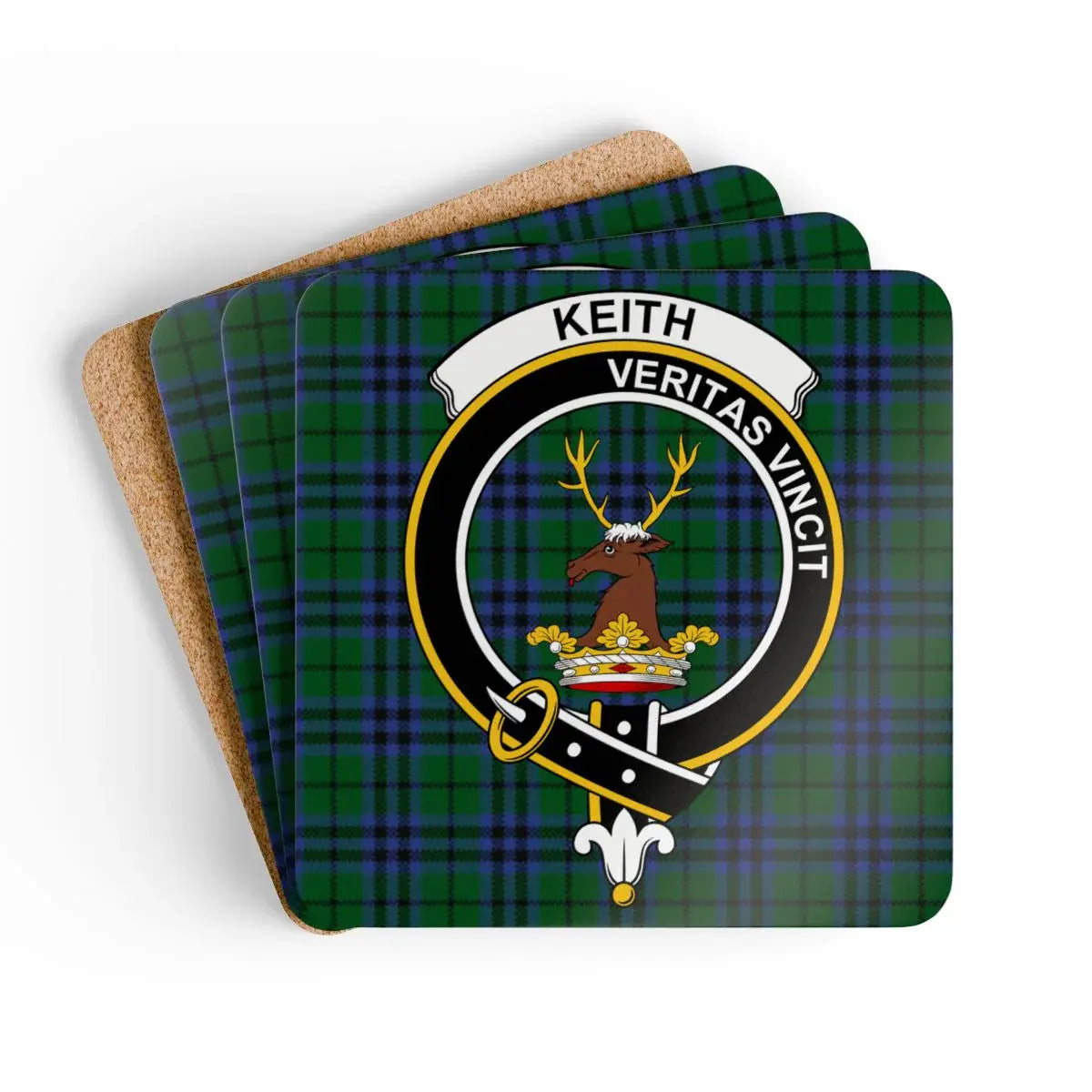 Keith clan crest tartan coaster set of 4 — natural cork squares with sealed Veritas Vincit design