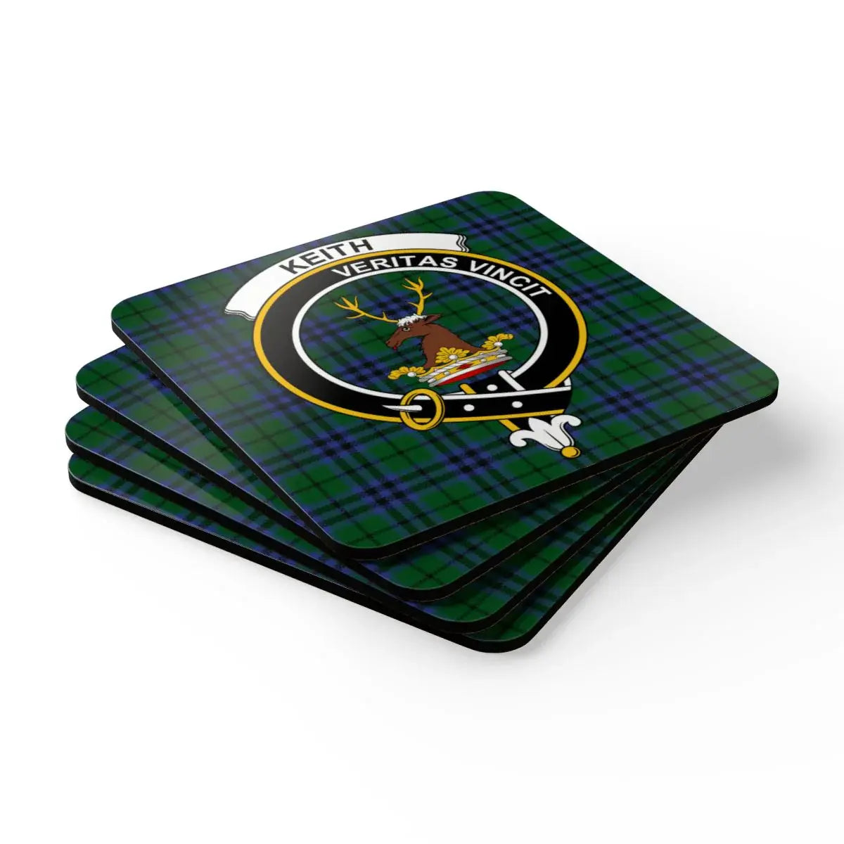 Keith clan crest tartan coaster set — four natural cork squares with heraldic design