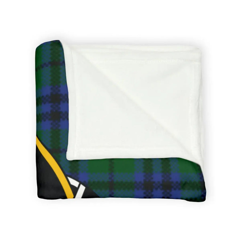 Keith clan crest throw blanket laid flat — green and blue tartan plaid on 100% polyester