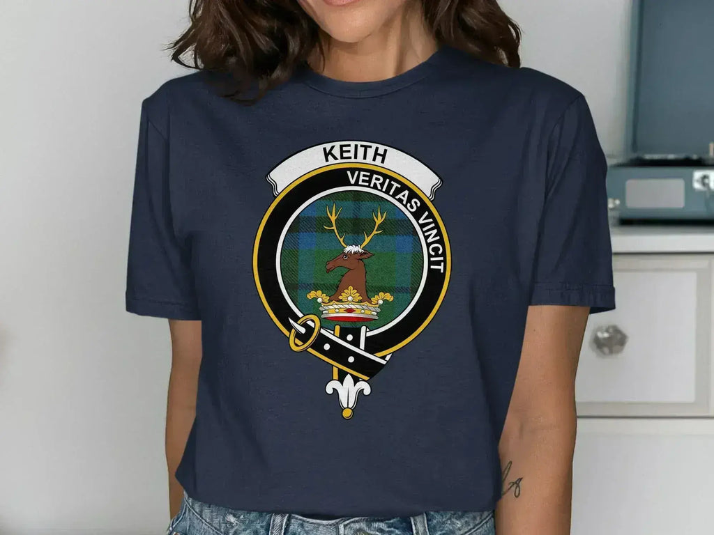Keith Veritas Vincit clan crest t-shirt — heraldic design on cotton, unisex fit