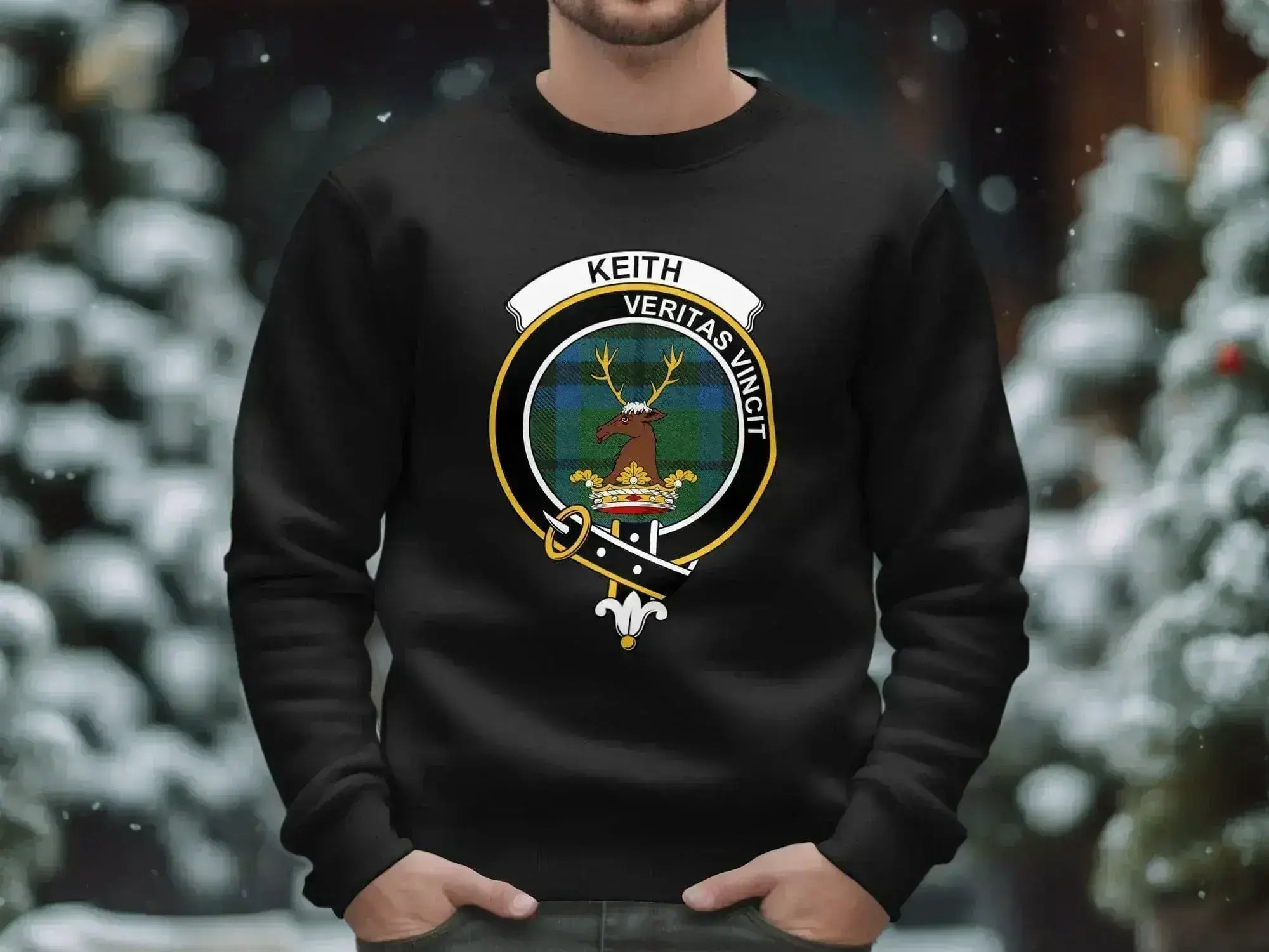 Keith Veritas Vincit crest emblem sweatshirt in black — heraldic design on fleece