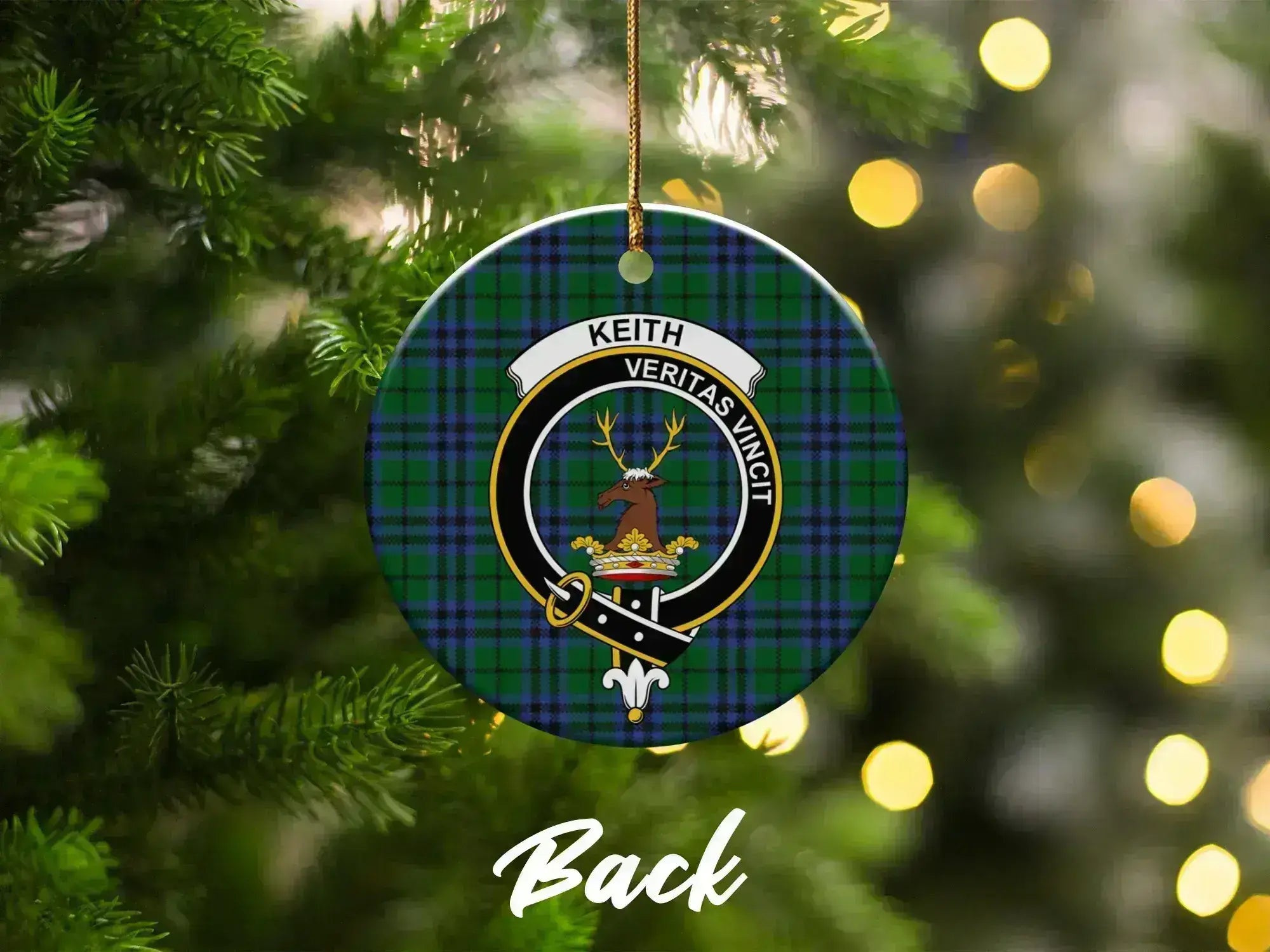 Keith clan crest tartan plaid pattern ornament — double-sided glazed ceramic, 3-inch disc