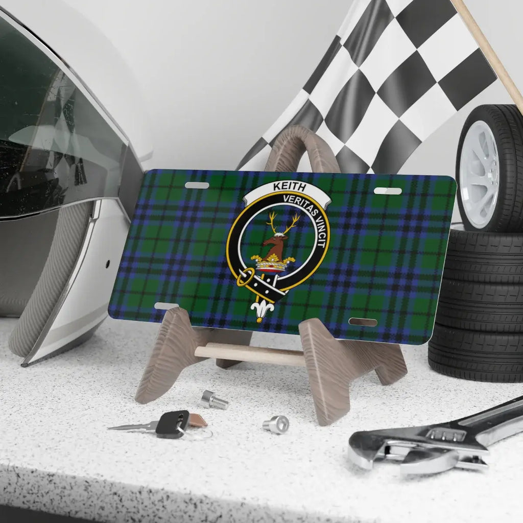 Keith clan crest tartan novelty license plate — 12x6 aluminium with Veritas Vincit heraldic design