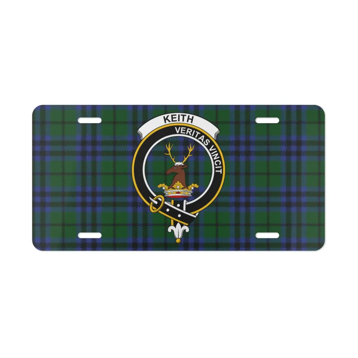 Keith Veritas Vincit plaid personalised license plate — clan crest design on aluminium