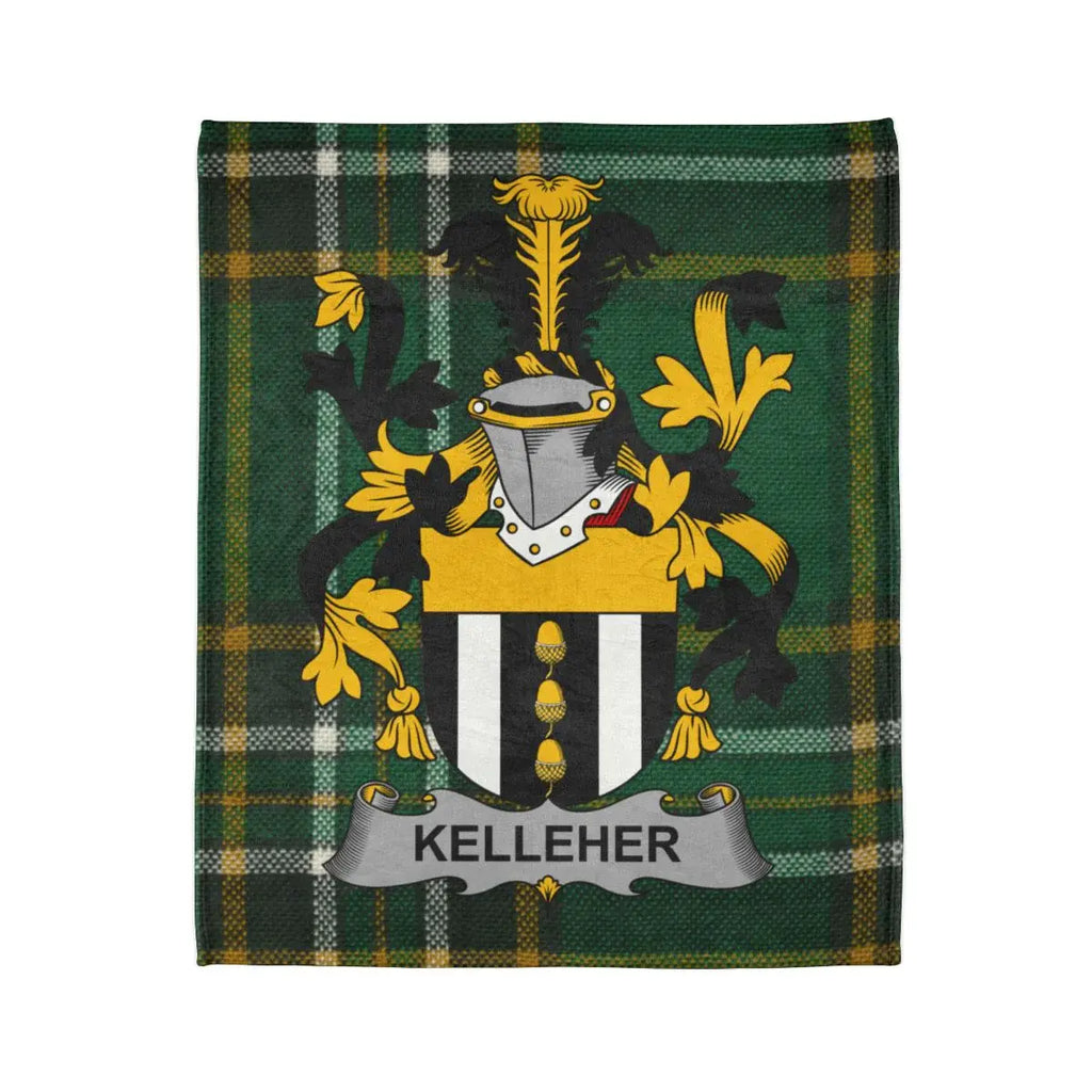 Kelleher Family Crest on Green Plaid Pattern Blanket