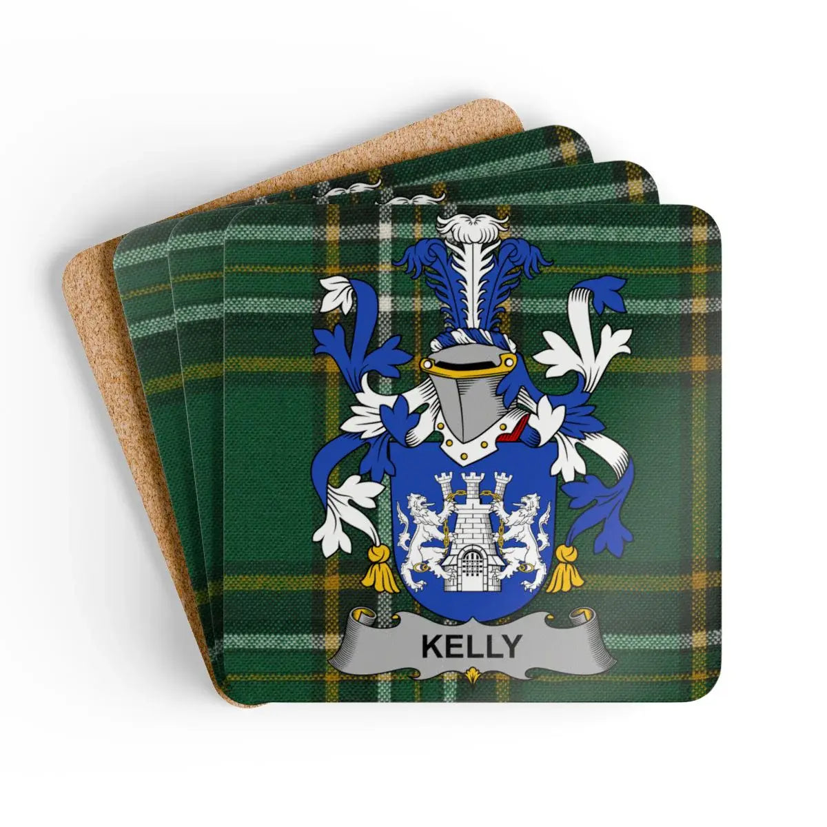 Kelly Irish family crest coaster set on the Irish National Tartan