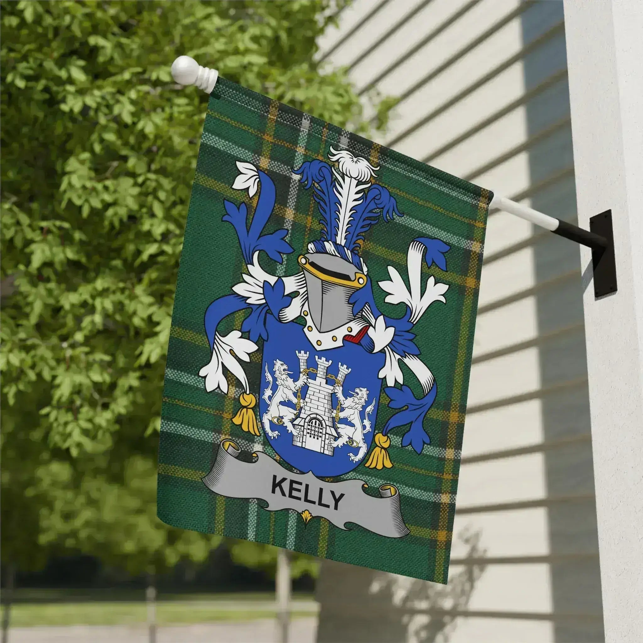 Kelly Family Crest Green Plaid Garden Flag