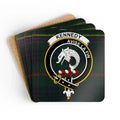 Kennedy clan crest tartan coaster set of 4 — natural cork squares with sealed Avise La Fin design
