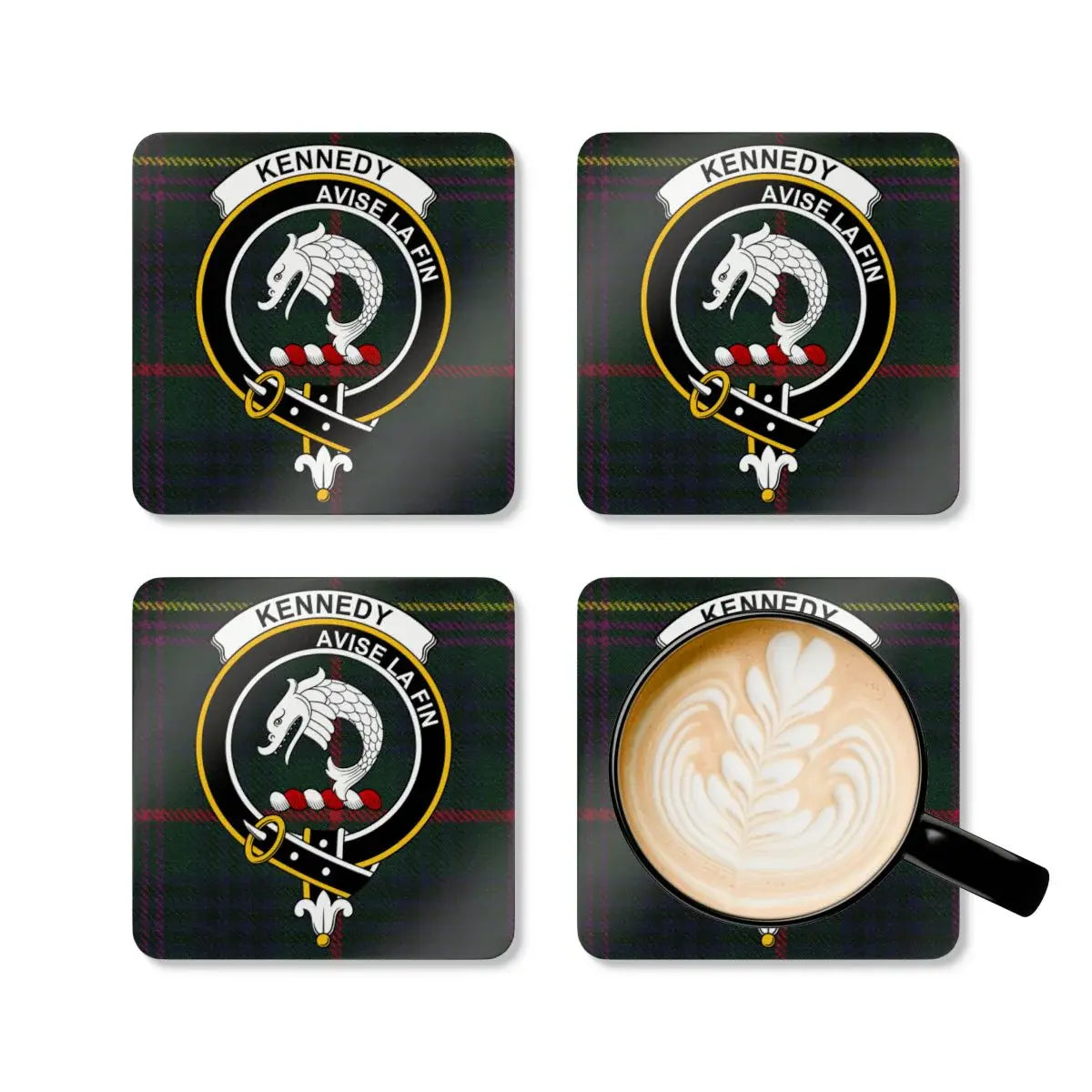 Kennedy Avise La Fin plaid pattern square coasters — four cork coasters with clan heraldic design