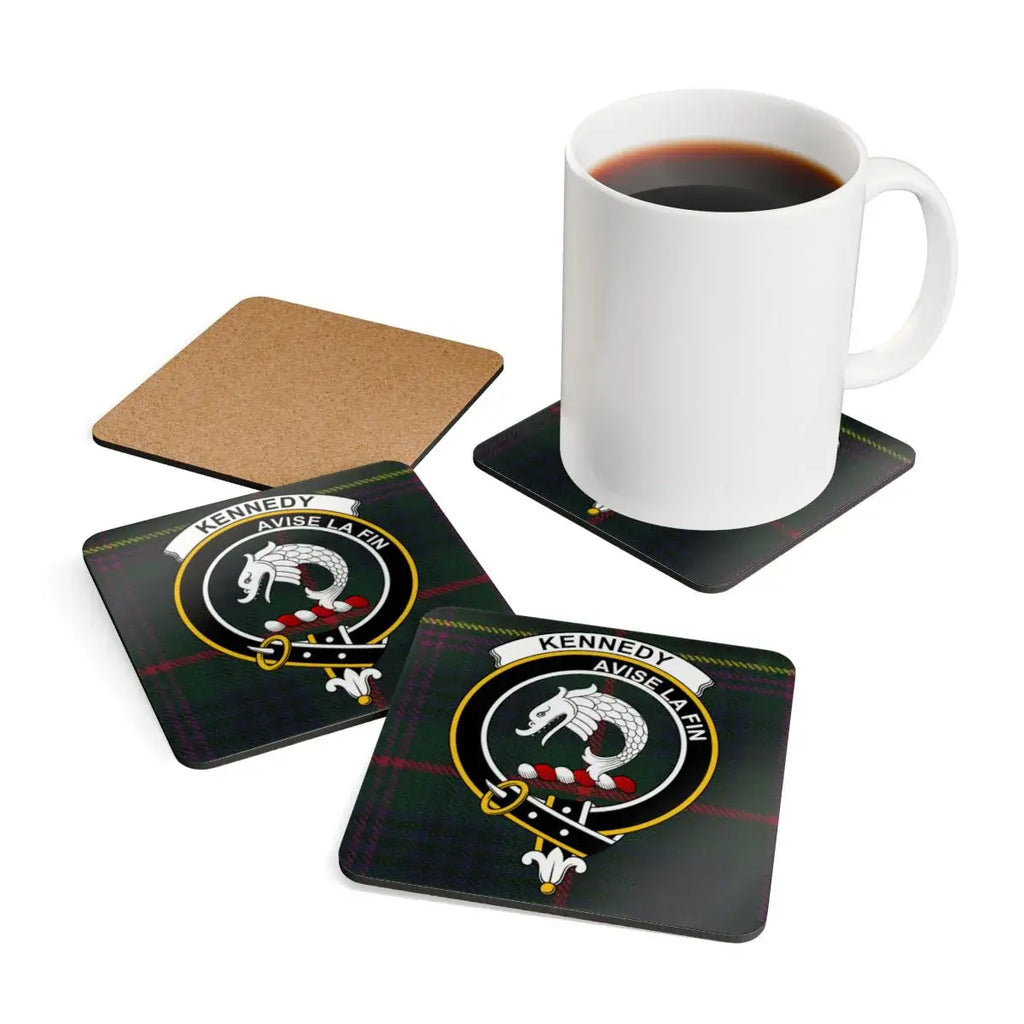 Kennedy Avise La Fin family crest design coaster — 3.75-inch corkwood with glossy sealed print