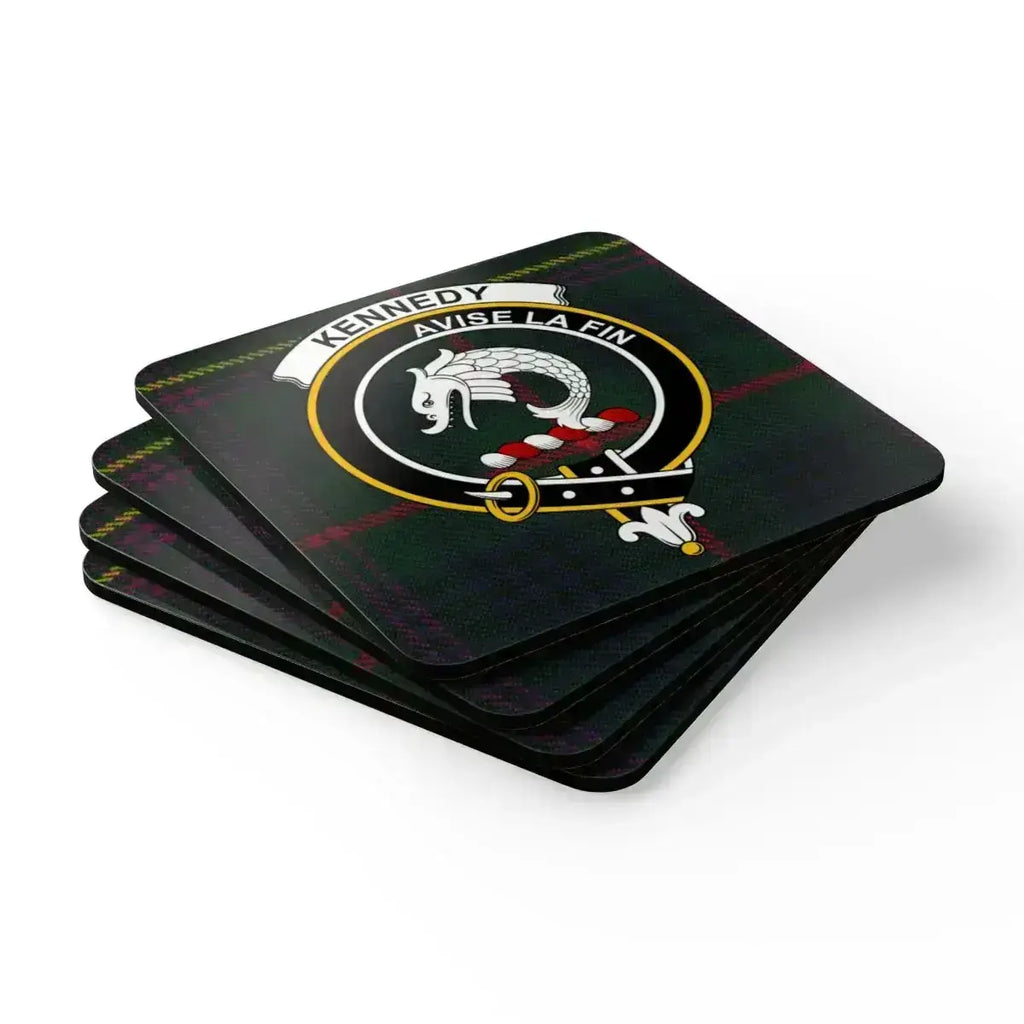 Kennedy Avise La Fin family crest coasters — natural cork base, glossy sealed tartan print