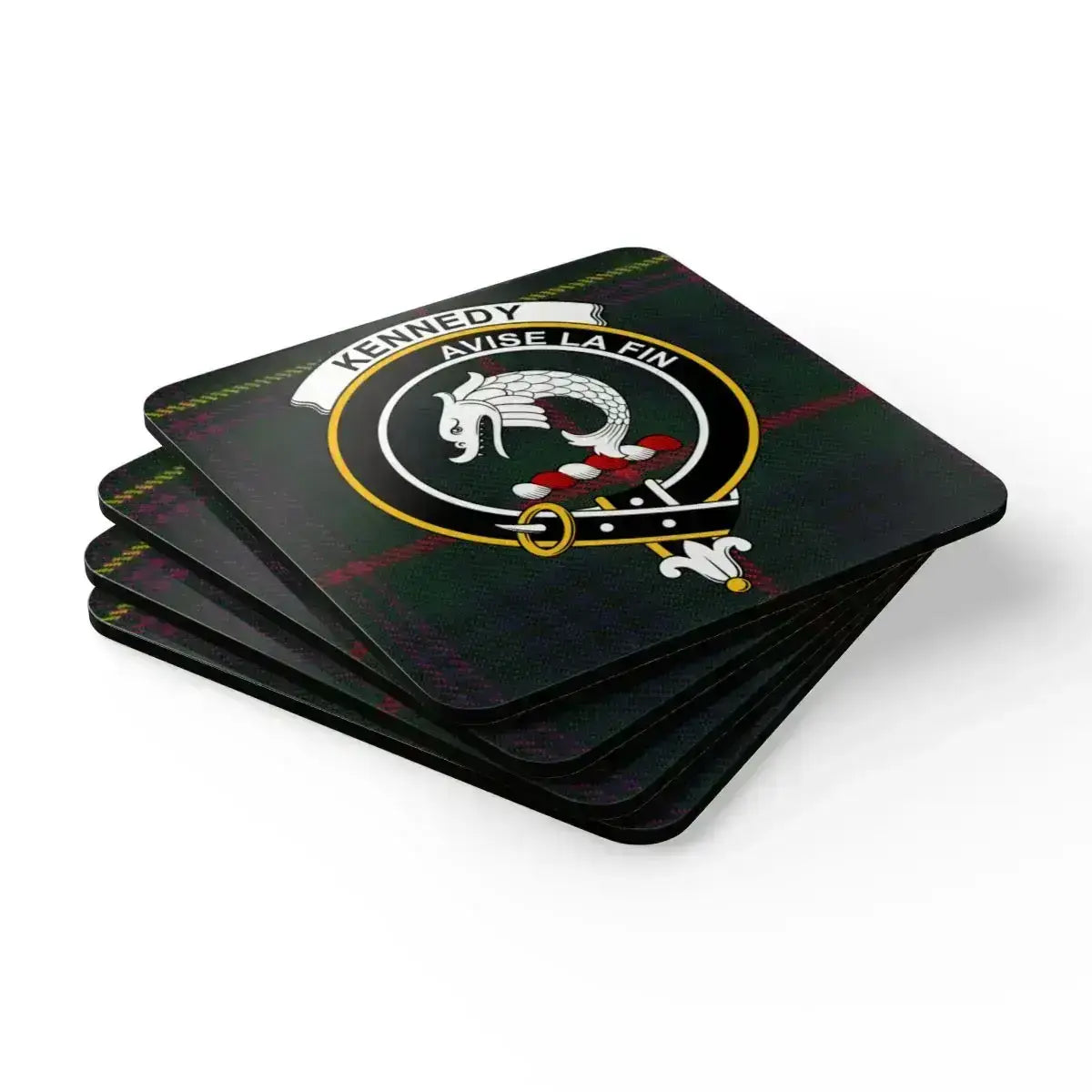 Kennedy Avise La Fin family crest coasters — natural cork base, glossy sealed tartan print