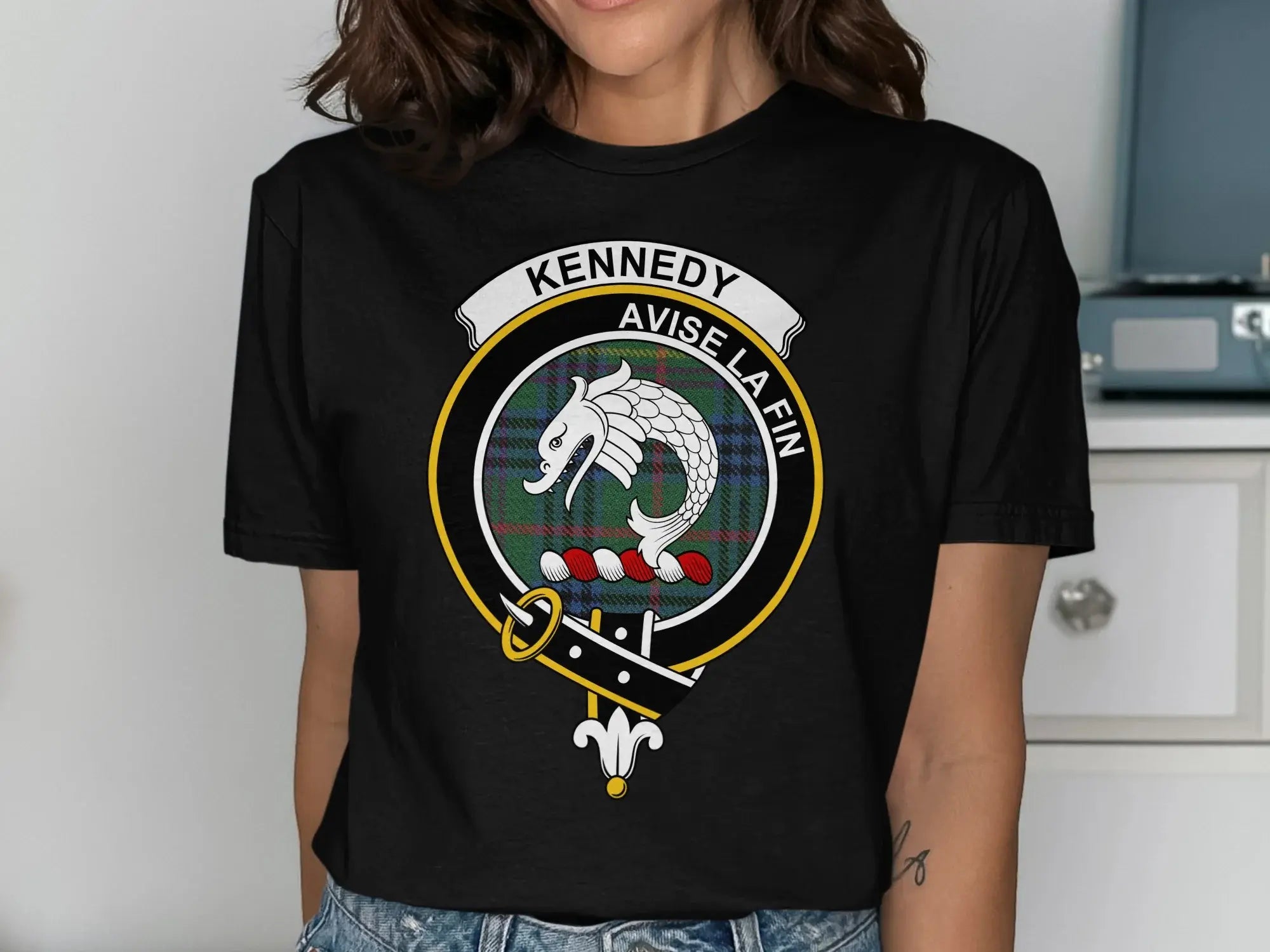 Kennedy Avise La Fin dragon emblem black t-shirt — clan crest on 100% cotton