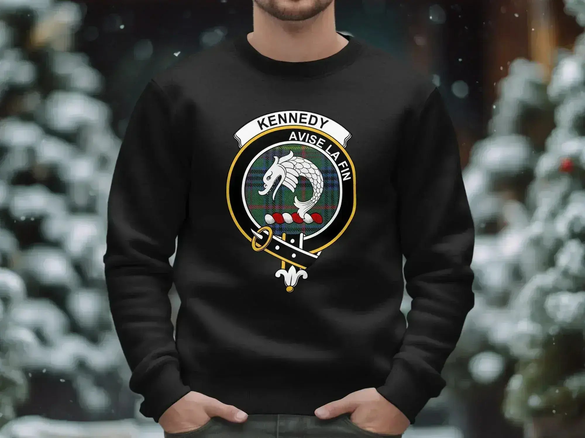 Kennedy Avise La Fin family crest sweatshirt — heraldic dragon design on fleece fabric