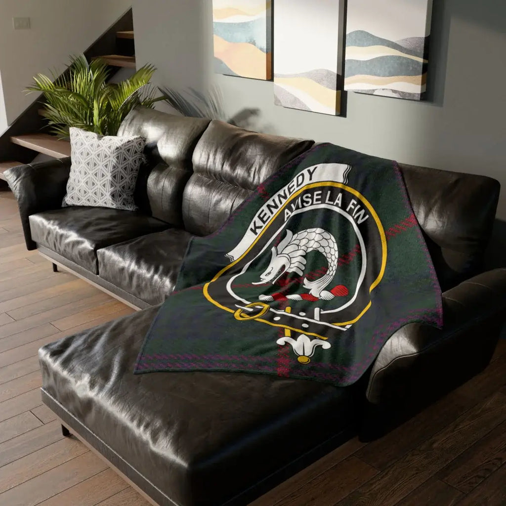 Kennedy clan crest tartan throw blanket — 50x60 polyester, Avise La Fin heraldic design