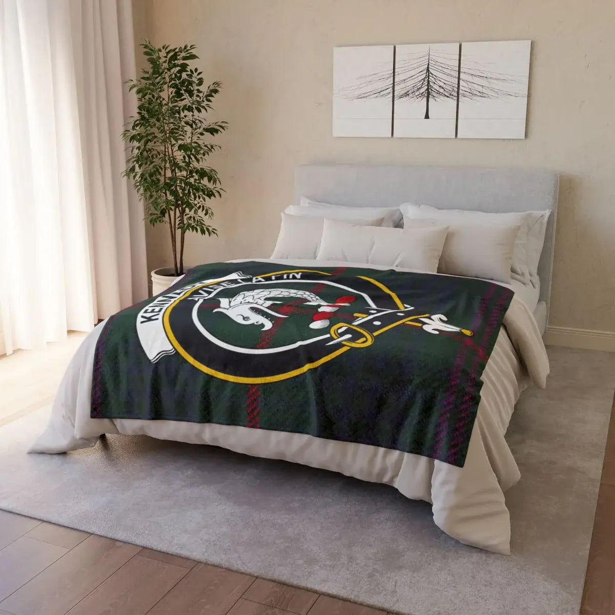 Kennedy clan crest tartan throw blanket on sofa — lightweight 100% polyester with clan design