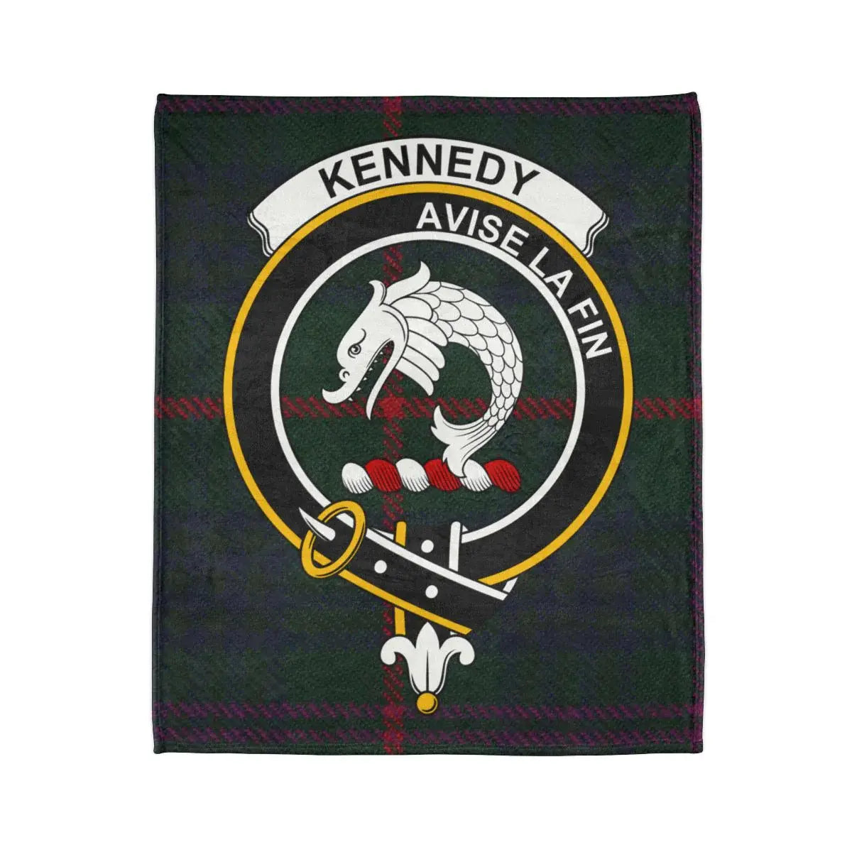 Kennedy Avise La Fin family crest tartan blanket — Consider the End design on 50x60 polyester