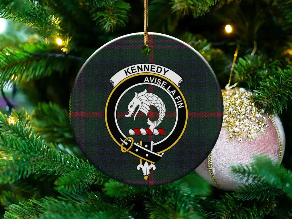 Kennedy clan tartan ceramic ornament — 3-inch round glossy disc with crest and Avise La Fin motto