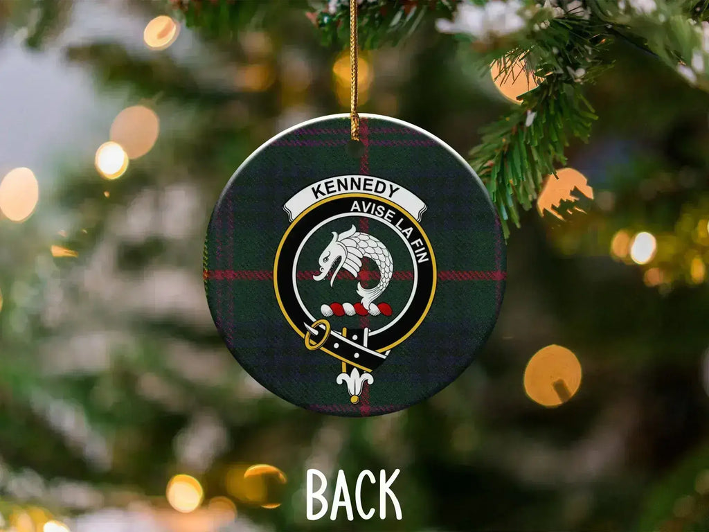 Kennedy clan crest tartan Christmas ornament — 3-inch ceramic disc, gold hanging string