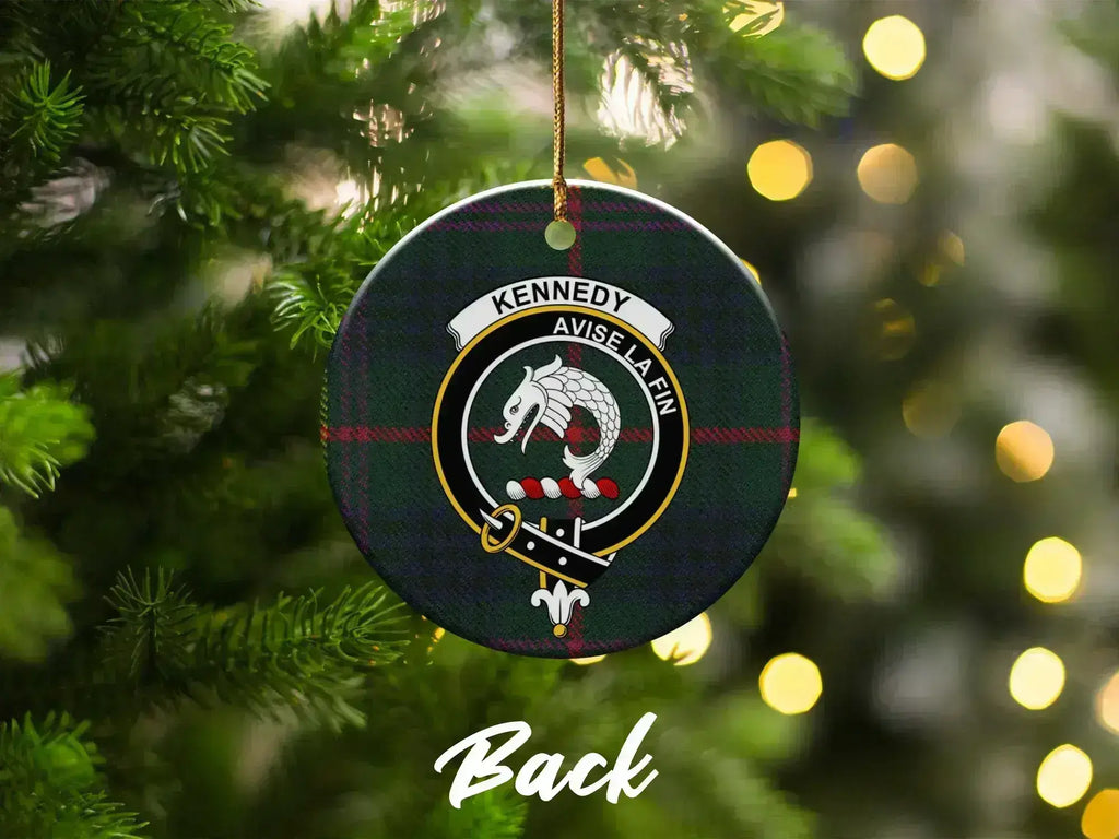 Kennedy Avise La Fin clan crest Christmas ornament — double-sided glazed ceramic, 3-inch disc