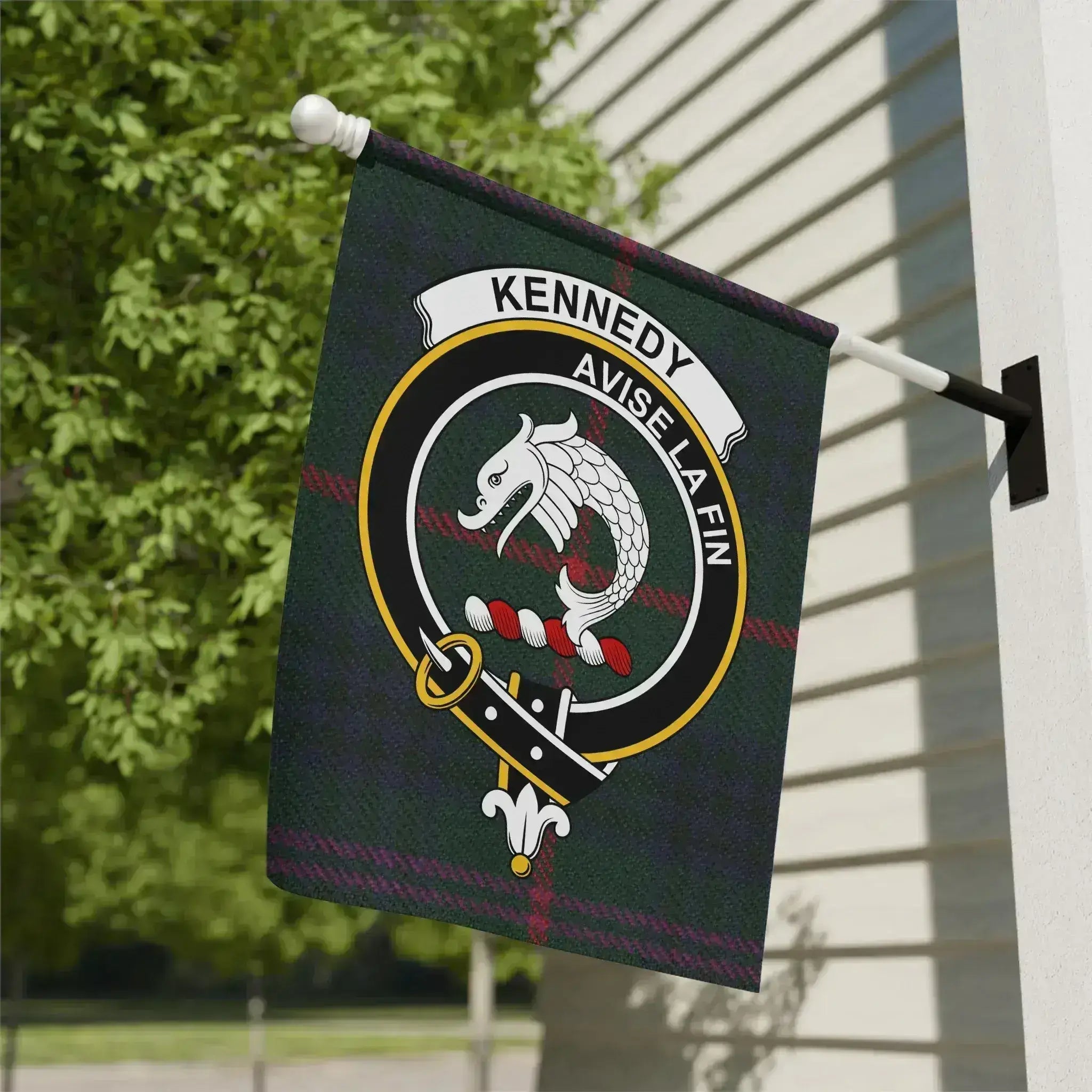Kennedy clan crest tartan garden flag 12x18 inches — poly poplin-canvas with Avise La Fin design