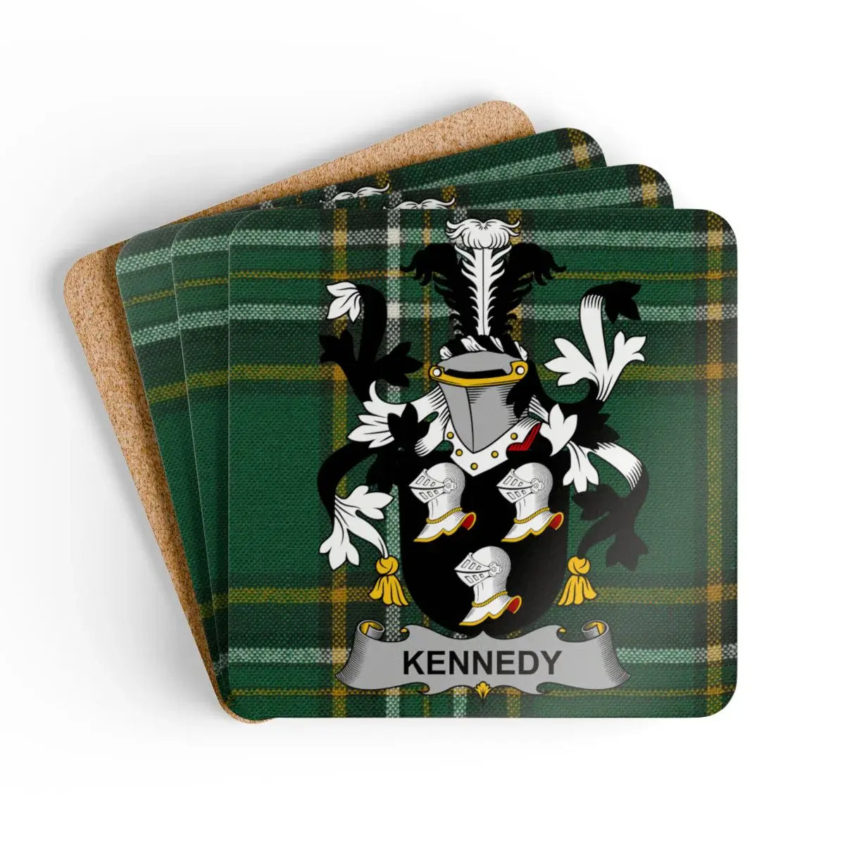 Kennedy Irish family crest coaster set on the Irish National Tartan