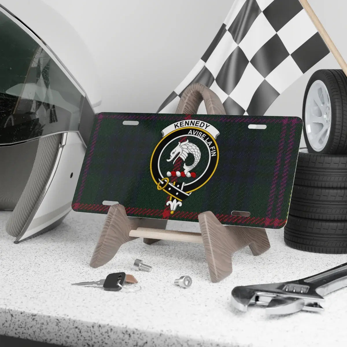Kennedy clan crest tartan novelty license plate — 12x6 aluminium with Avise La Fin heraldic design