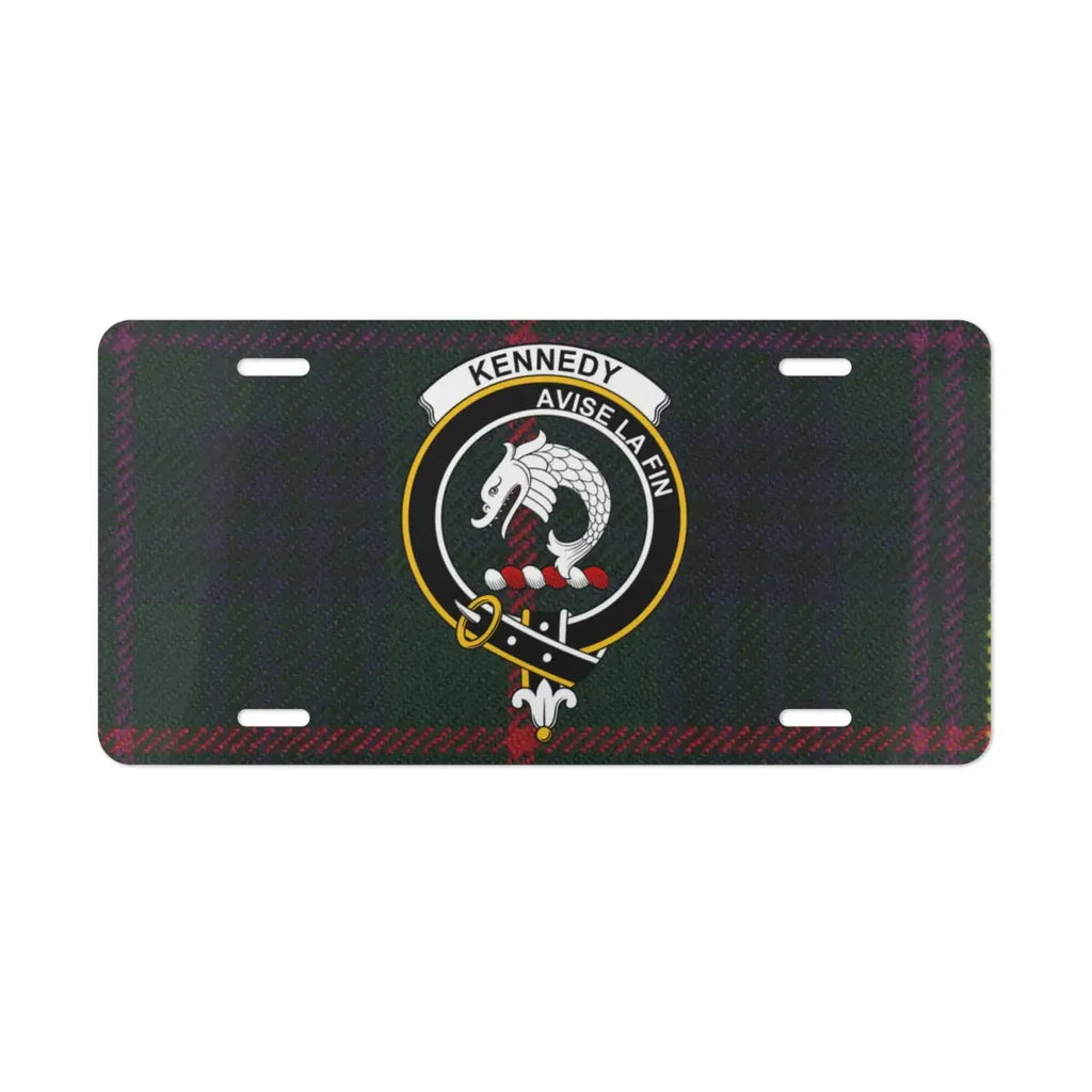 Kennedy Avise La Fin emblem tartan license plate — clan crest design on aluminium