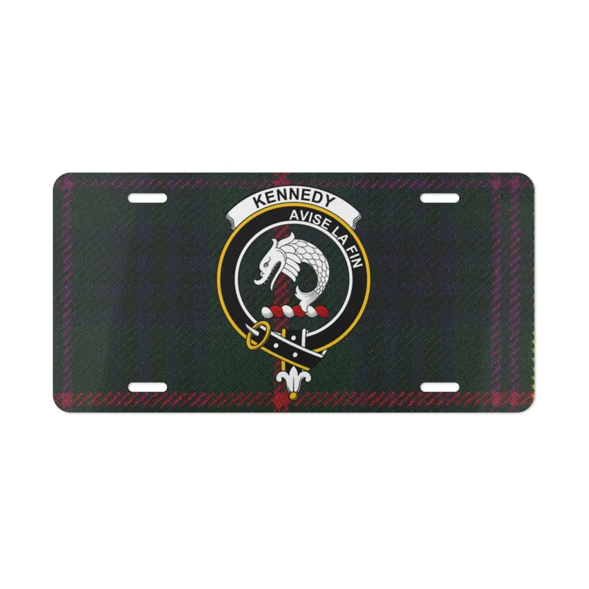 Kennedy Avise La Fin emblem tartan license plate — clan crest design on aluminium