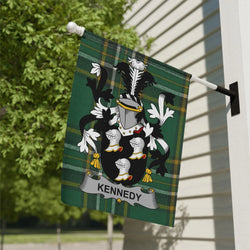Kennedy Irish Family Crest garden flag hanging outside a house