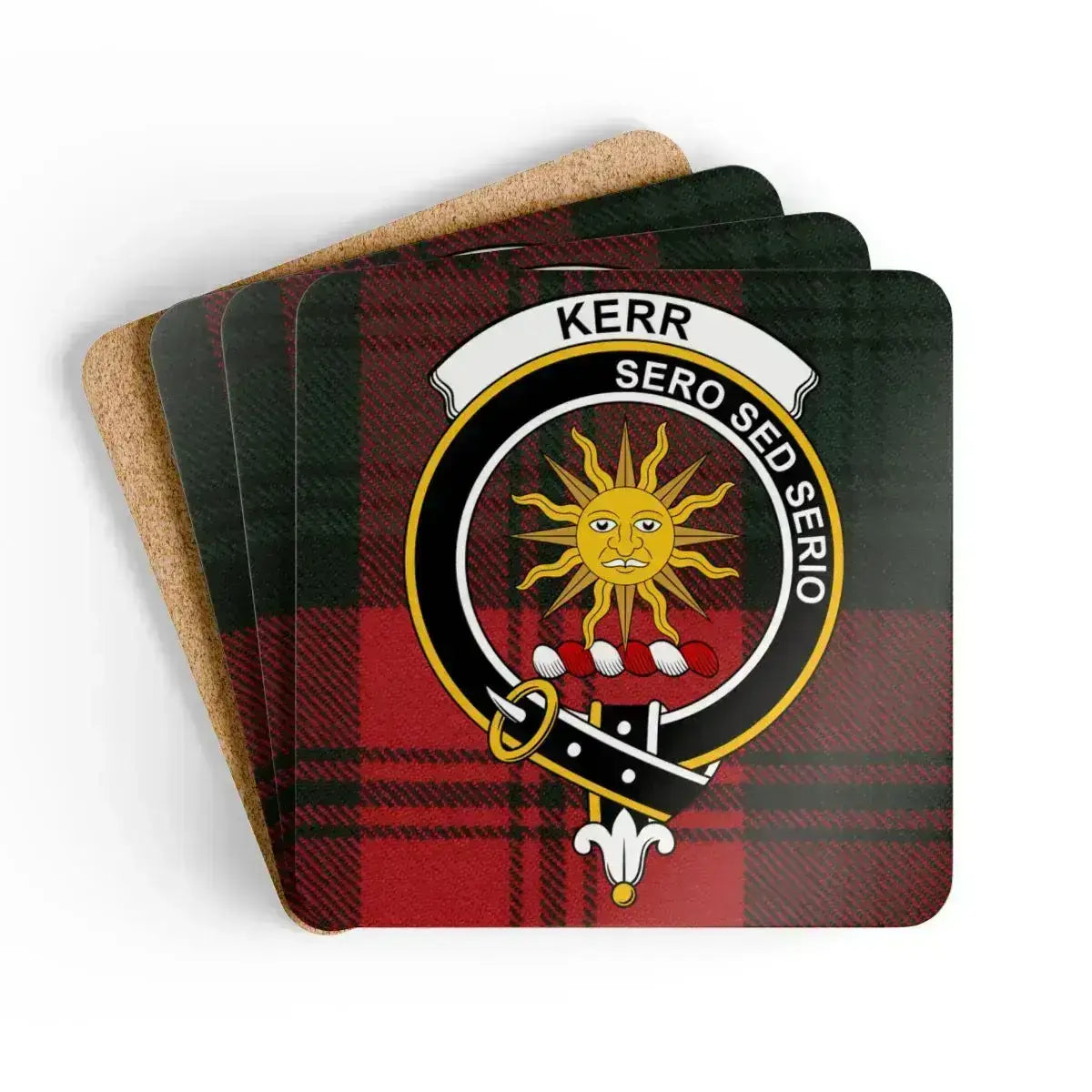 Kerr clan crest tartan coaster set of 4 — natural cork squares with sealed Sero Sed Serio sun design