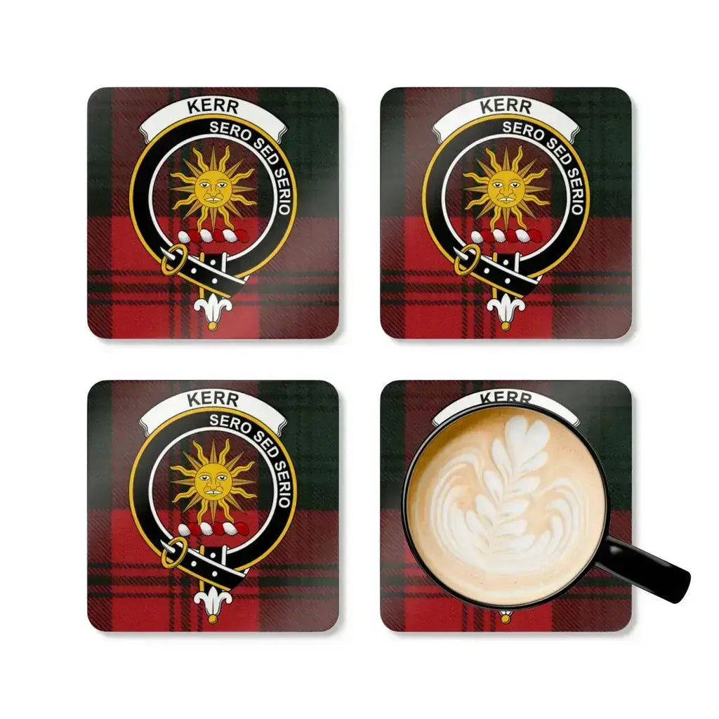 Kerr clan family crest Scottish tartan coasters — four cork coasters with heraldic design