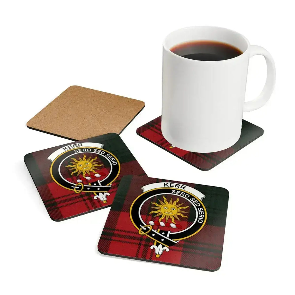 Kerr Sero Sed Serio red and black plaid coasters — 3.75-inch corkwood with glossy sealed print