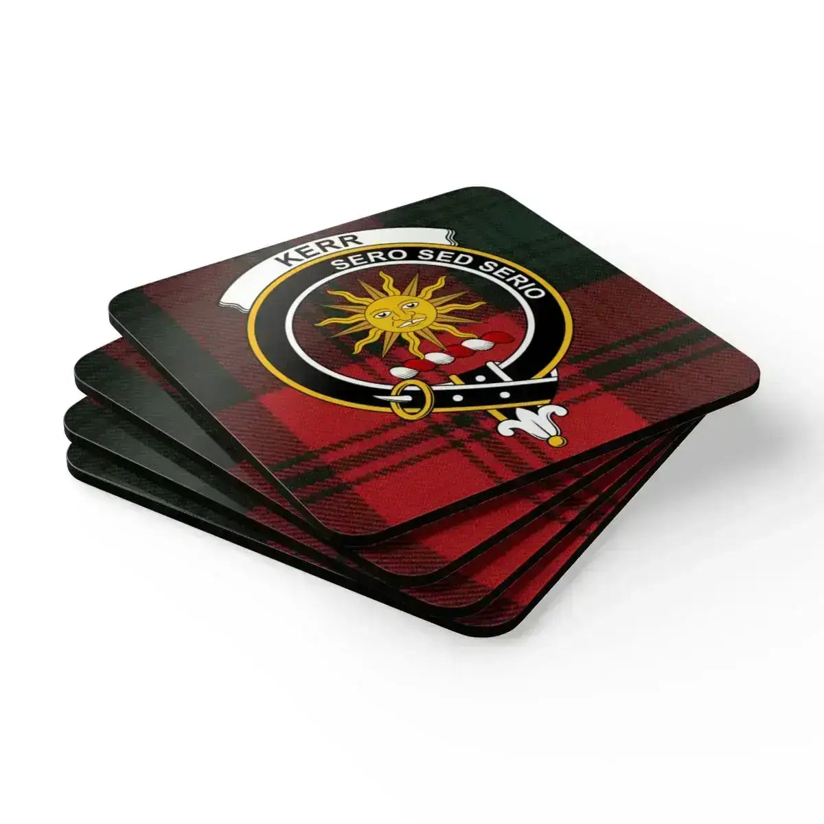 Kerr Sero Sed Serio patterned drink coasters — natural cork base, glossy sealed tartan print