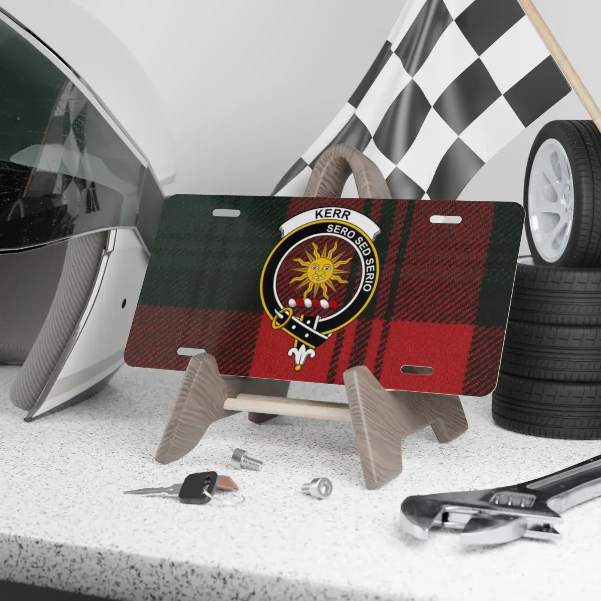 Kerr clan crest tartan novelty license plate — 12x6 aluminium with Sero Sed Serio sun heraldic design