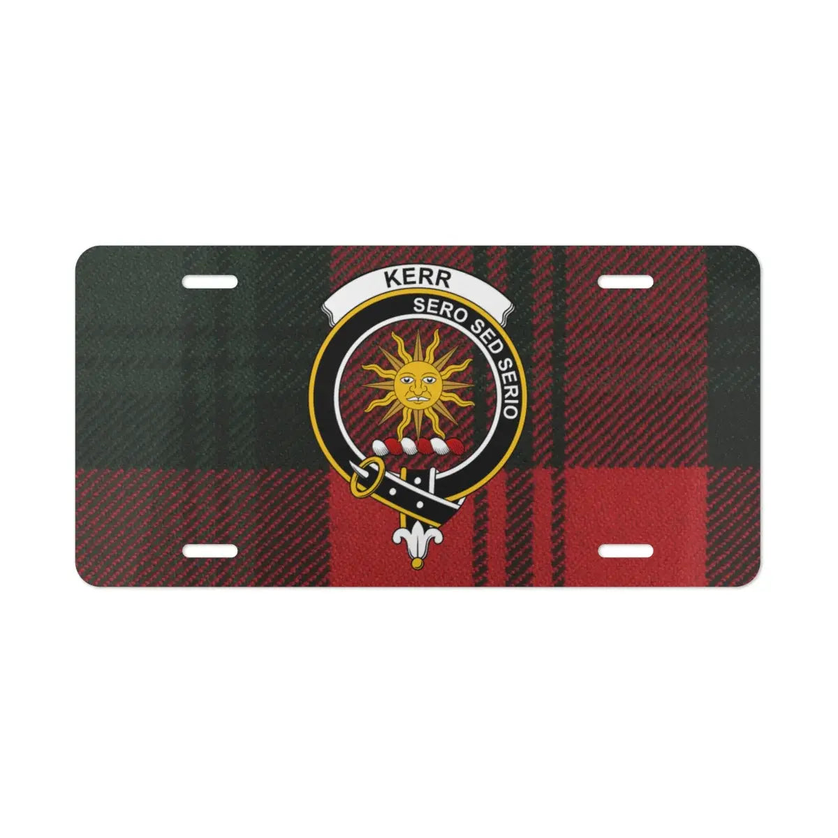 Kerr Sero Sed Serio Scottish plaid license plate — clan crest sun design on aluminium