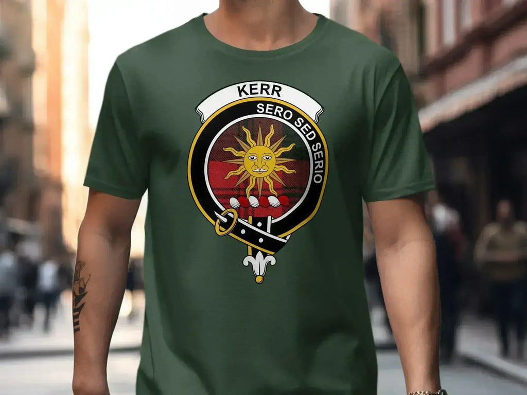 Kerr Sero Sed Serio graphic tee — Late But In Earnest heraldic design on cotton