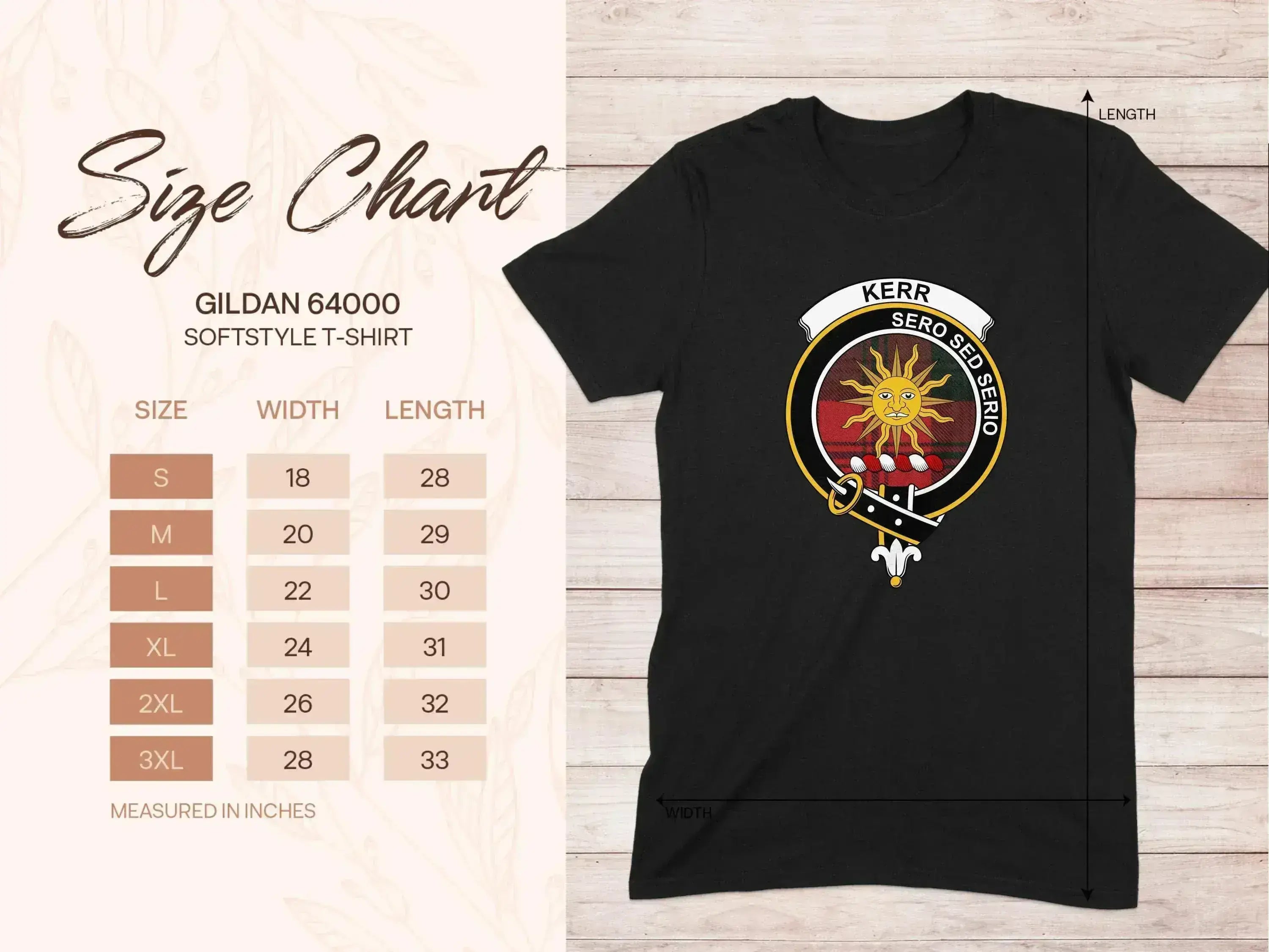 Kerr clan sun emblem graphic tee — Sero Sed Serio heraldic design on cotton