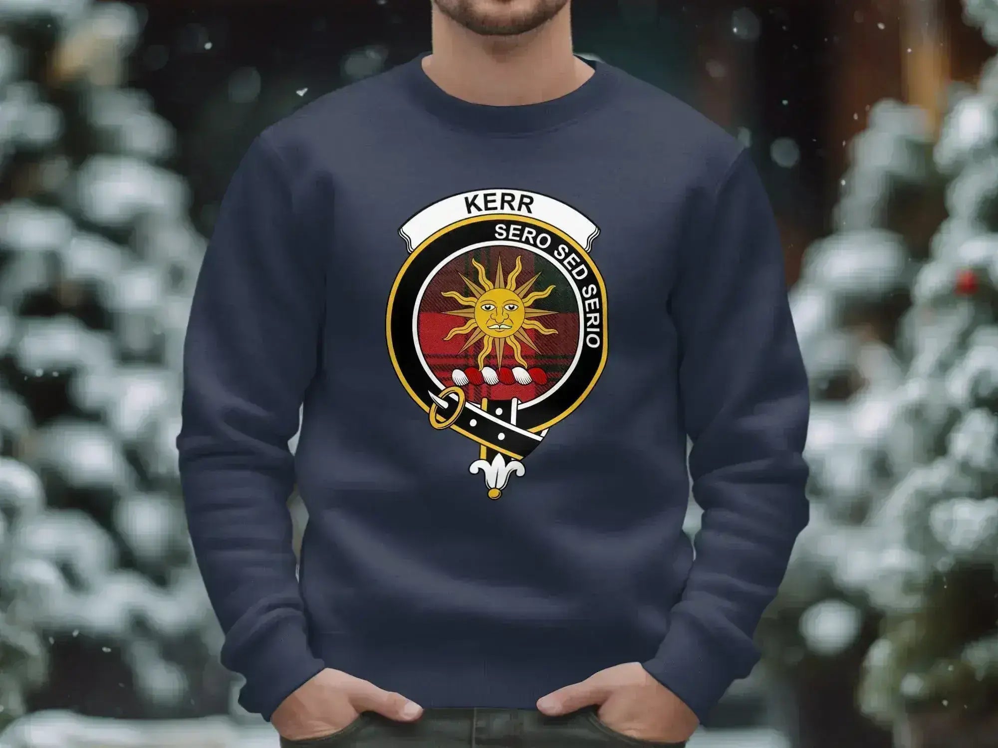 Kerr Sero Sed Serio emblem sweatshirt in navy — full clan crest heraldic on fleece, laid flat