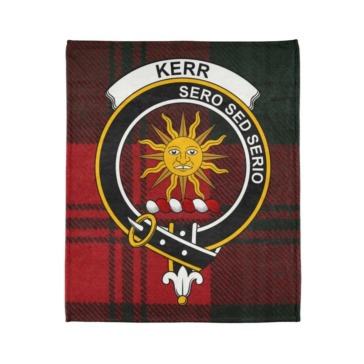 Kerr Sero Sed Serio sun and shield tartan blanket — clan crest heraldic design on 50x60 polyester