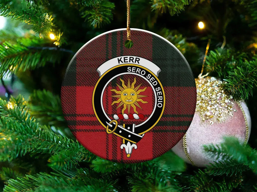 Kerr clan crest tartan ornament — 3-inch round glossy disc with sun crest and Sero Sed Serio motto