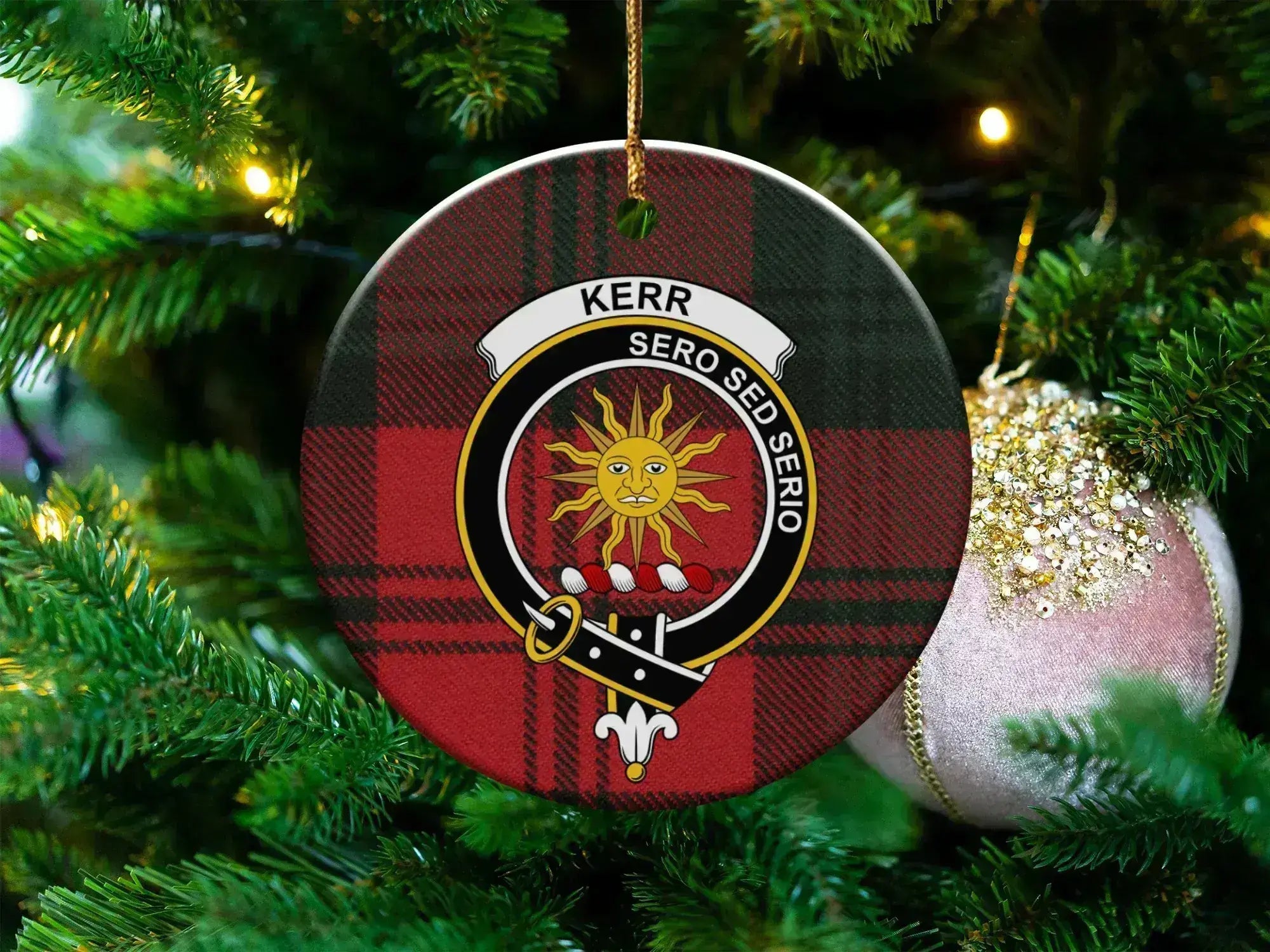 Kerr clan crest tartan ornament — 3-inch round glossy disc with sun crest and Sero Sed Serio motto