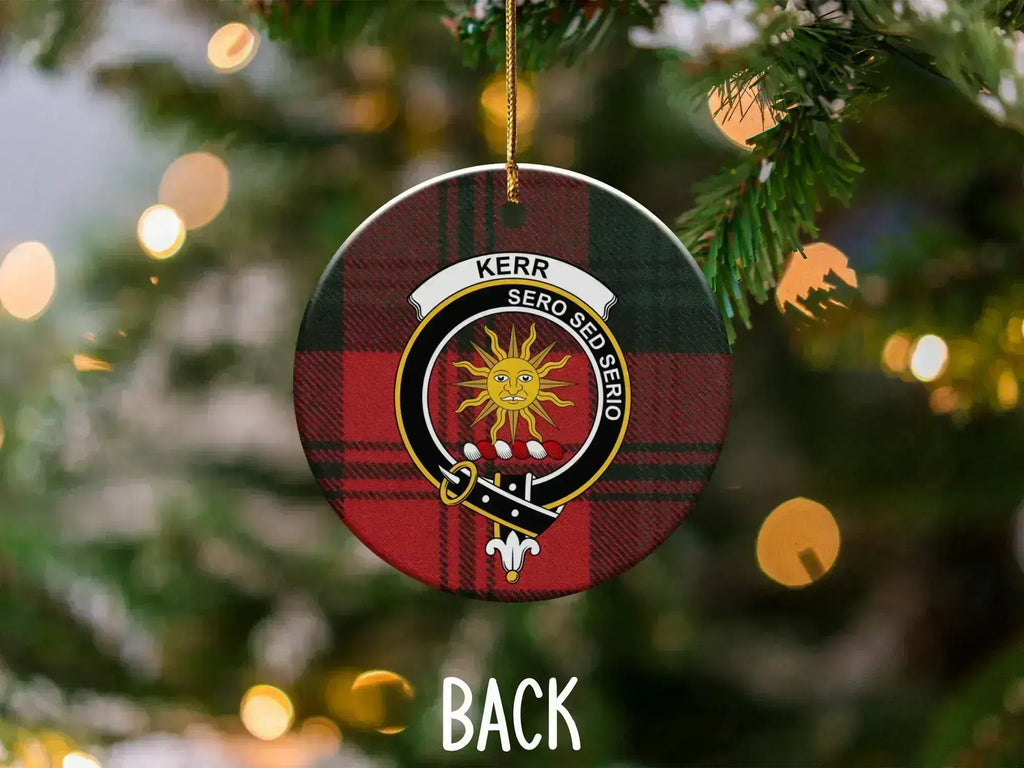 Kerr Sero Sed Serio Scottish clan plaid ornament — 3-inch ceramic disc, gold hanging string